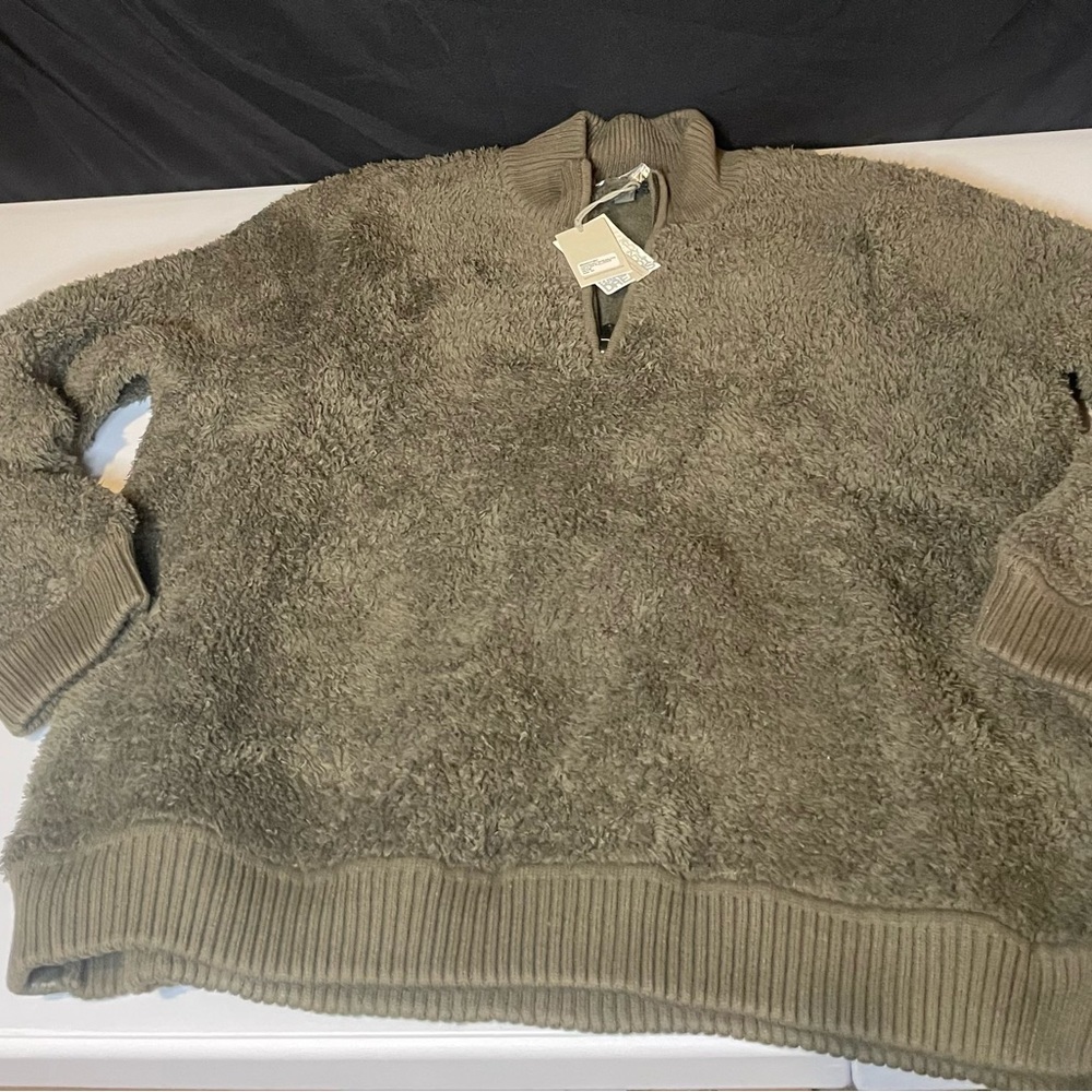 NWT Barefoot Dreams CozyChic Olive Shearling 1/2 Zip Pullover Sweater‎ XXL